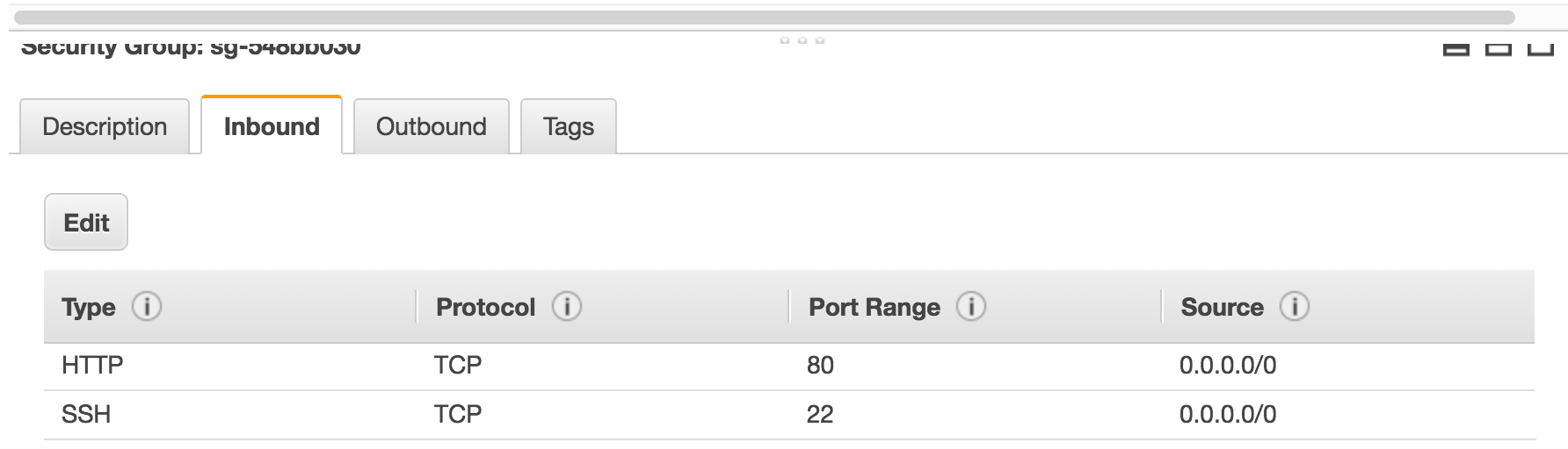 HTTP port (80) and SSH port (22) are set up to allow all incoming requests